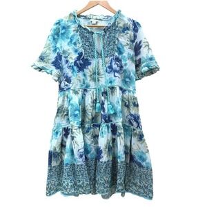 Sundance Floral Dress Sz M Teal Blue Tiered Tassel Tie Cotton Boho Loose Fit